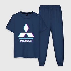 Пижама хлопковая мужская Значок Mitsubishi в стиле glitch, цвет: тёмно-синий