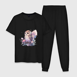 Пижама хлопковая мужская Акварельная милая сова, цвет: черный