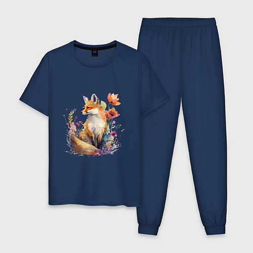 Мужская пижама Акварельная милая лиса / Тёмно-синий – фото 1
