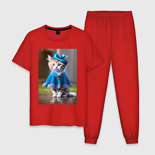 Мужская пижама Кошка в голубом платье / Красный – фото 1