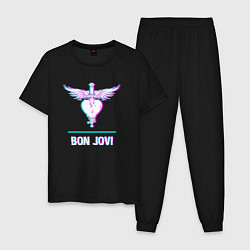 Пижама хлопковая мужская Bon Jovi glitch rock, цвет: черный