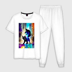 Пижама хлопковая мужская Кошечка пушистый хвост - акварель - живопись, цвет: белый