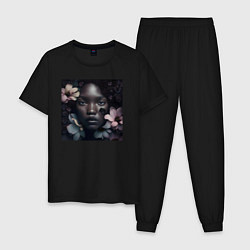 Пижама хлопковая мужская Девушка в чёрных матовых цветах - нейросеть, цвет: черный