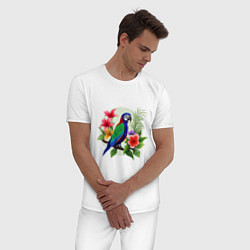 Пижама хлопковая мужская Попугай среди цветов, цвет: белый — фото 2