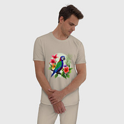 Пижама хлопковая мужская Попугай среди цветов, цвет: миндальный — фото 2