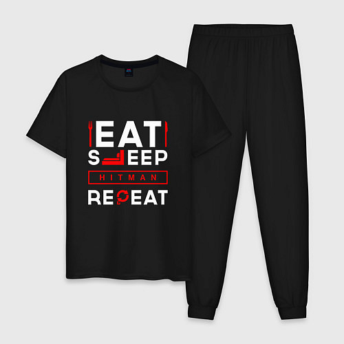 Мужская пижама Надпись eat sleep Hitman repeat / Черный – фото 1