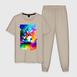 Пижама хлопковая мужская Акварельный Пикачу - поп-арт, цвет: миндальный