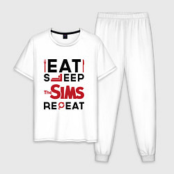 Пижама хлопковая мужская Надпись: eat sleep The Sims repeat, цвет: белый