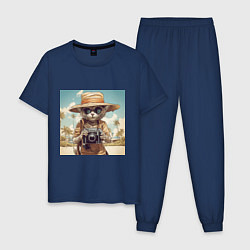 Пижама хлопковая мужская Кот на пляже с фотоаппаратом, цвет: тёмно-синий