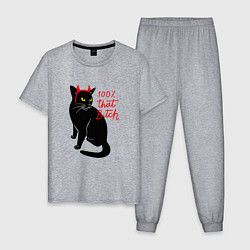 Пижама хлопковая мужская Котик с рожками и надписью, цвет: меланж