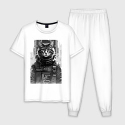 Пижама хлопковая мужская Cool cat - cyberpunk - neural network, цвет: белый