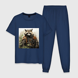 Пижама хлопковая мужская Енот воин 2, цвет: тёмно-синий