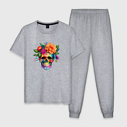 Пижама хлопковая мужская Череп с цветами в мексиканском стиле, цвет: меланж