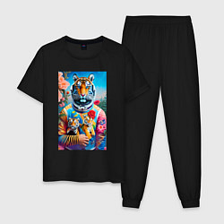Пижама хлопковая мужская Тигрица - космонавт с тигрятами - нейросеть, цвет: черный