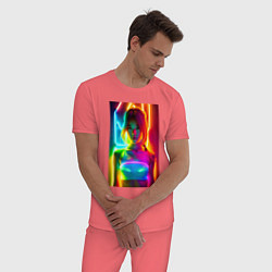 Пижама хлопковая мужская Japanese girl - neon glow - neural network, цвет: коралловый — фото 2