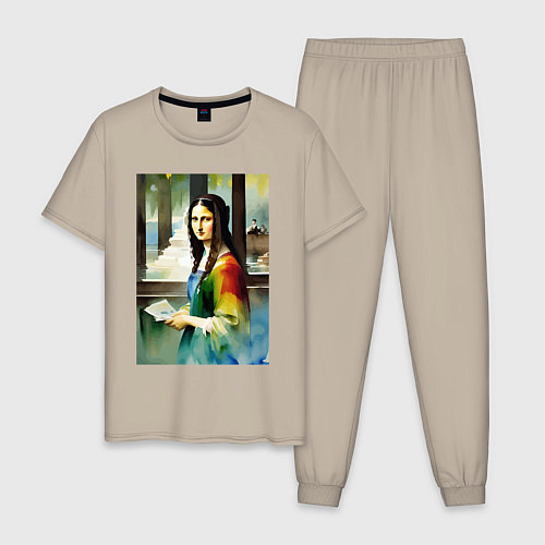 Мужская пижама Мона Лиза в библиотеке - нейросеть - акварель / Миндальный – фото 1