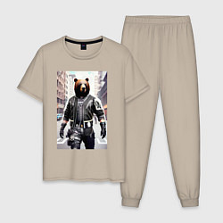 Пижама хлопковая мужская Cool bear - cyberpunk - neural network, цвет: миндальный
