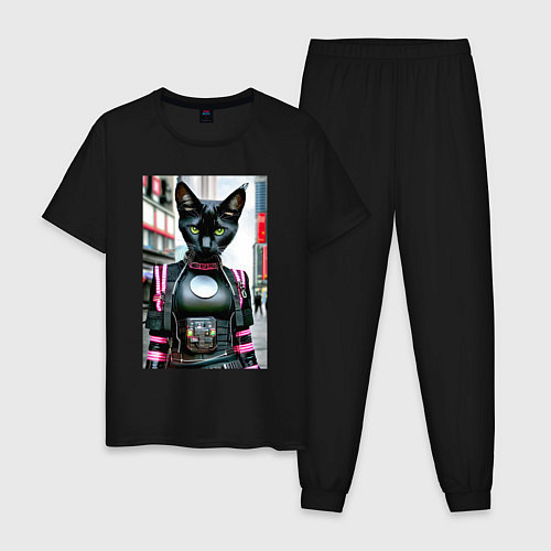 Мужская пижама Крутая чёрная кошечка - нейросеть - киберпанк / Черный – фото 1