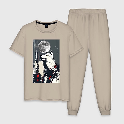 Мужская пижама Волк на фоне луны - мегаполис - нейросеть / Миндальный – фото 1