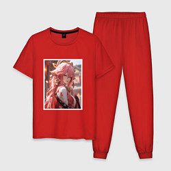 Пижама хлопковая мужская Яэ мико в храме - геншин, цвет: красный