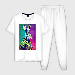 Пижама хлопковая мужская Неоновый модный заяц - нейросеть, цвет: белый