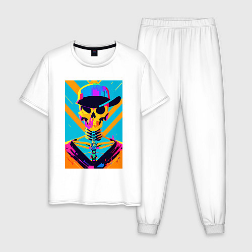 Мужская пижама Прикольный череп в шляпе - поп-арт / Белый – фото 1