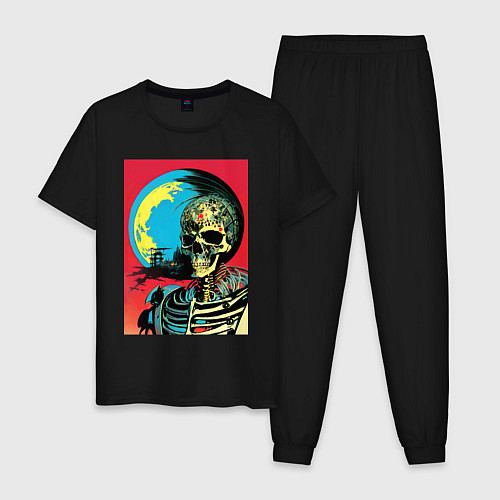 Мужская пижама Череп на фоне луны - нейросеть - поп-арт / Черный – фото 1