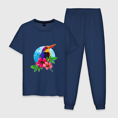 Мужская пижама Тропическая птица в цветах / Тёмно-синий – фото 1