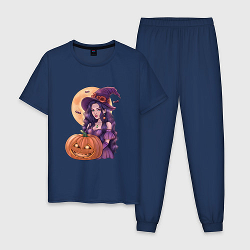 Мужская пижама Хэллоуин - ведьма с тыквой / Тёмно-синий – фото 1