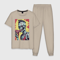 Пижама хлопковая мужская Злой панк зомби арт, цвет: миндальный