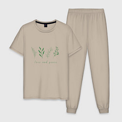 Пижама хлопковая мужская Зеленые растения мир и любовь, цвет: миндальный