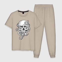 Пижама хлопковая мужская Skull octopus, цвет: миндальный
