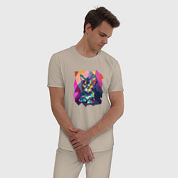 Пижама хлопковая мужская Кот в стиле полигональном, цвет: миндальный — фото 2