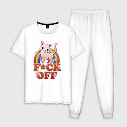 Пижама хлопковая мужская F*ck off cat retro, цвет: белый