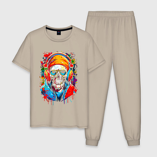 Мужская пижама Череп в бандане очках и наушниках / Миндальный – фото 1