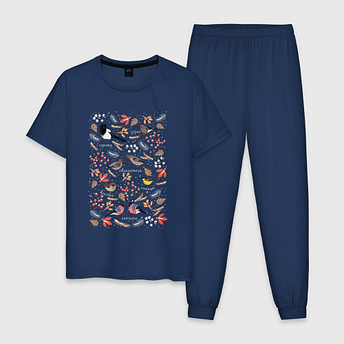 Мужская пижама Зимующие птицы / Тёмно-синий – фото 1