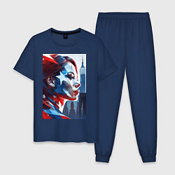 Пижама хлопковая мужская Девушка и Нью-Йорк - двойная экспозиция, цвет: тёмно-синий