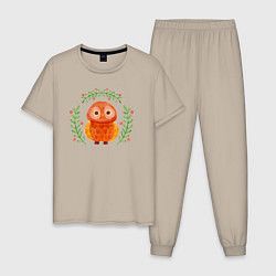 Пижама хлопковая мужская Осенняя совушка, цвет: миндальный