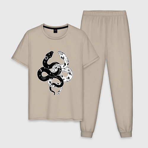 Мужская пижама Змеи инь и янь - черное белое / Миндальный – фото 1