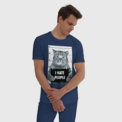 Пижама хлопковая мужская Кот преступник уголовник с табличкой, цвет: тёмно-синий — фото 2