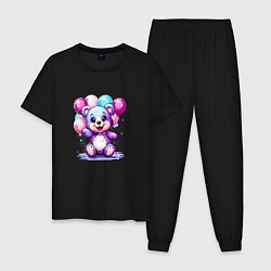 Пижама хлопковая мужская Мишка фиолетовый с шарами, цвет: черный