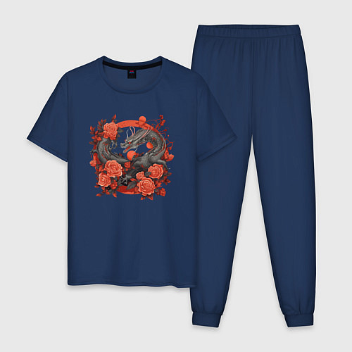 Мужская пижама Дракон в розах / Тёмно-синий – фото 1