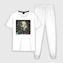 Пижама хлопковая мужская Киборг с треснувшей головой и растениями, цвет: белый