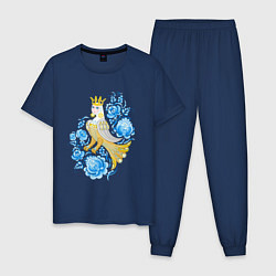 Пижама хлопковая мужская Птица Сирин в цветах по мотивам гжельской росписи, цвет: тёмно-синий