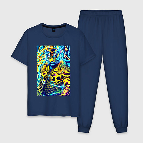 Мужская пижама Neon tiger - pop art - neural network / Тёмно-синий – фото 1