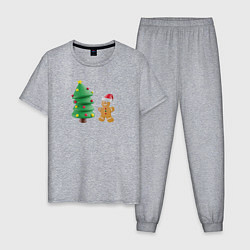 Пижама хлопковая мужская Пряничный человечек у елки, цвет: меланж