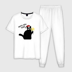 Пижама хлопковая мужская С новым годом - черный кот, цвет: белый