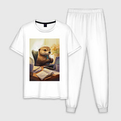 Пижама хлопковая мужская Выдра с комьютером, цвет: белый