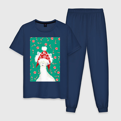 Мужская пижама Лама - альпака в ушанке / Тёмно-синий – фото 1