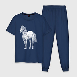 Пижама хлопковая мужская Белая лошадь стоит, цвет: тёмно-синий